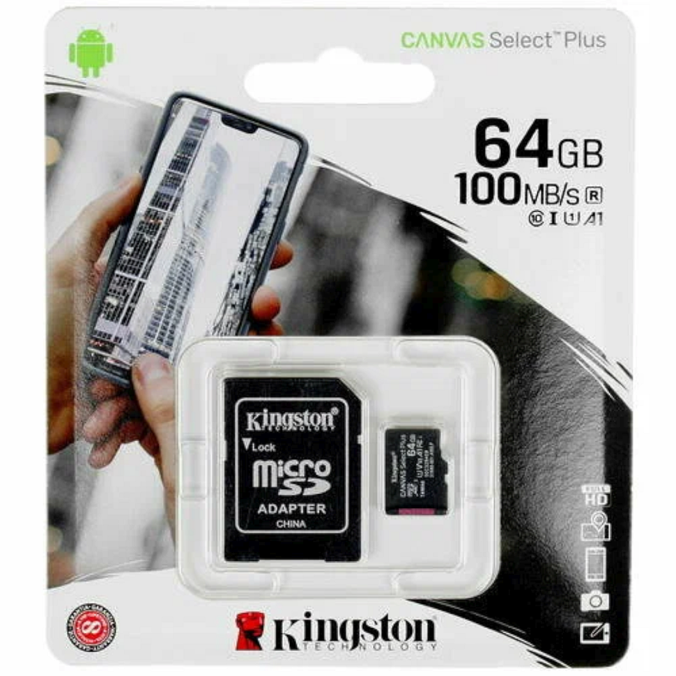 Kingstone_64Gb_canvas Карта памяти micro SDXC 64Gb Kingston Canvas Select Plus A1 100MB/s + SD адаптер